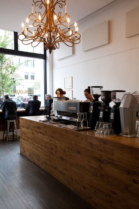 Parlour Coffee | Winnipeg | viscount-gort.com | #ViscountGort #Resort #Hotel #Packages #Specials #Reservations Coffee Bar Business Ideas, Cafe Flooring Ideas, Bar Coffee Design, Wood Bar Design, Cafe Chandelier, Coffee Bar Cafe, Bar Facade, Wooden Coffee Bar, Coffee Bar Wood