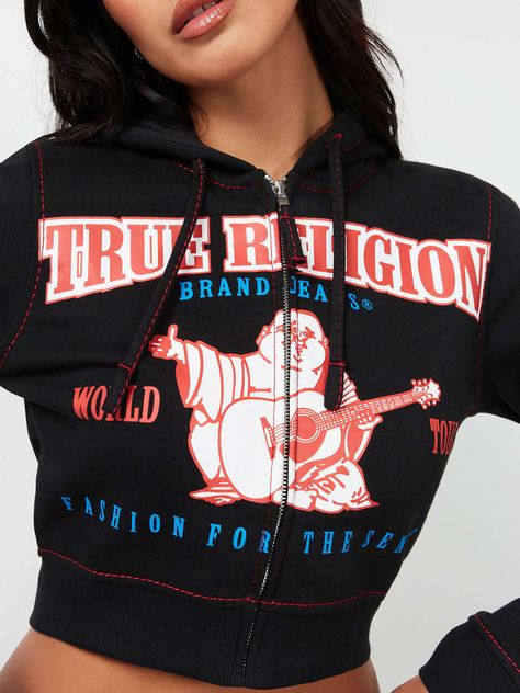 ANNIVERSARY BIG T ZIP HOODIE True Religion Jacket, Random Outfits, Fits Ideas, Selfie Quotes, T Logo, Vacation Mood, Sweat Joggers, Kids Denim, Crop Hoodie