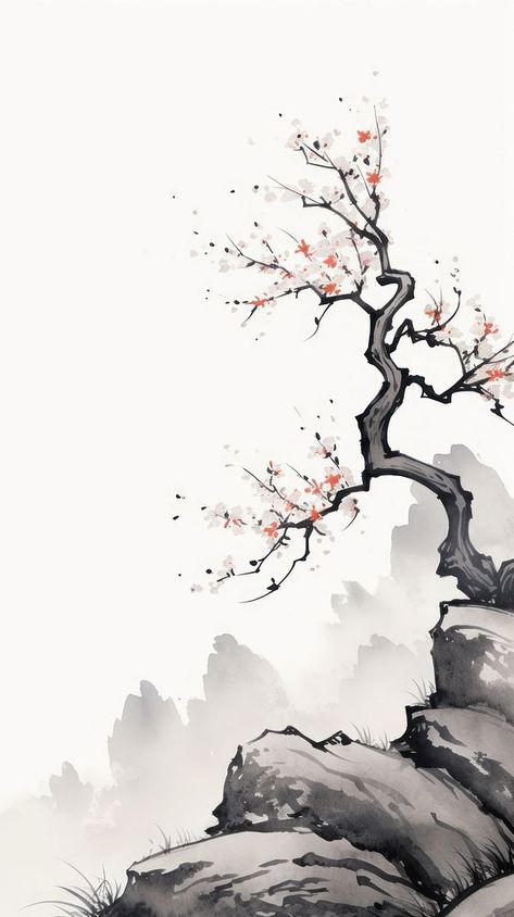 Plum blossom tree on the mountain cliff painting drawing sketch. AI generated Image by rawpixel. | premium image by rawpixel.com / north Cliff Aesthetic, Cliff Painting, Plum Blossom Tree, Plum Blossom Painting, Mountain Cliff, Japan Watercolor, Japanese Ink Painting, Chinese Wallpaper, Blossom Branch