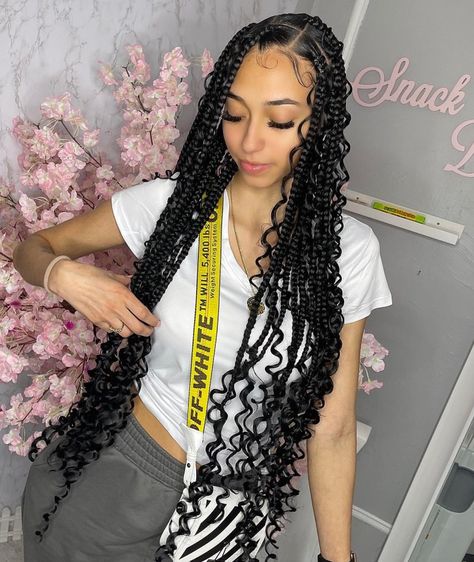 Big Braids with Long Curls Box Plaits, Long Twist Braids, Cute Hairstyles With Curls, Curled Hair With Braid, Individual Braids, Top Braid, Blonde Box Braids, Curly Braids, Curly Hair Braids