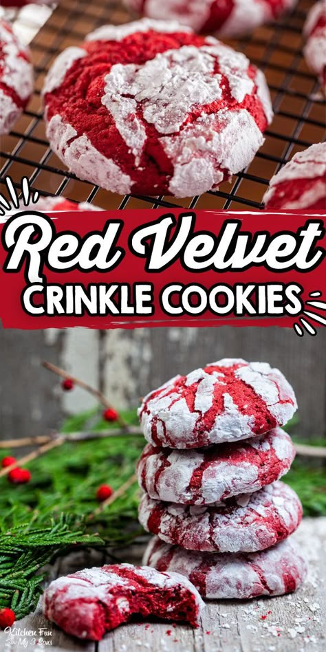 Red Velvet Crinkle Cookies Red Velvet Crinkles, Red Velvet Crinkle Cookies, Christmas Cookie Recipes Holiday, Crinkle Cookies Recipe, Red Velvet Cake Mix, Food Christmas, Red Velvet Cookies, Duncan Hines, Lord Byron