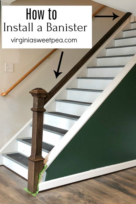 Learn how to install a banister on a set of steps.  #installingabanister #howtoinstallabanister #banister Replacing Banisters And Railings, Installing Stair Railing, Redo Stair Bannister, How To Install Banister Railings, Restain Stair Banister, Replacing Oak Stair Railing, Staircase Banister Ideas, Lake House Basement, Basement Staircase