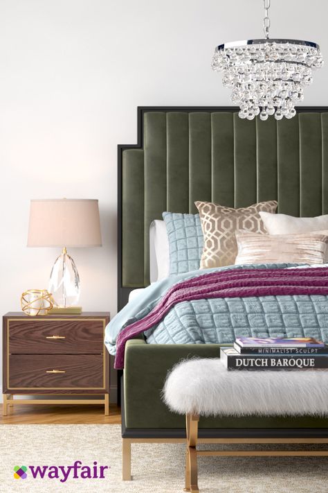 Green Velvet Bed Frame, Green Velvet Headboard, Green Velvet Bed, Glam Bedroom Design, Glam Bed, Small Bedroom Ideas For Women, Colorful Rooms, Favorite Aesthetic, Velvet Upholstered Bed