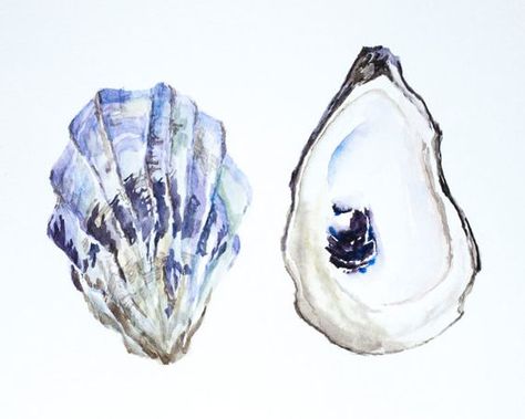 Purple Oyster Shells Original Watercolor by SouthShoreStudioMA Shells Drawings, Tactile Typography, Watercolor Seashells, Oyster Painting, Fish Bar, Series Painting, Winsor And Newton, A Level Art Sketchbook, Oyster Shells