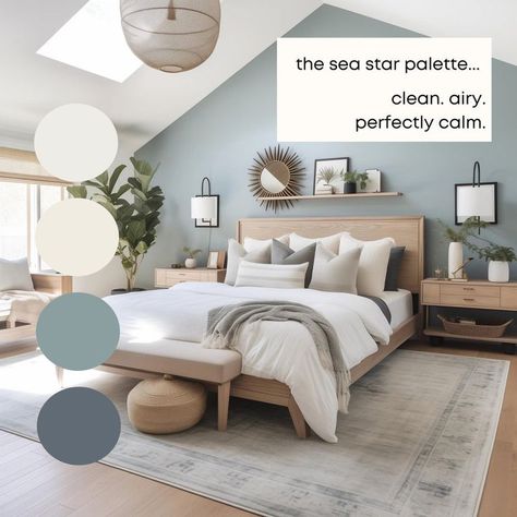 Bedroom Idea Color Schemes, Calming Wall Paint Colors, Calm Coastal Decor, Color Idea For Bedroom, Sea Inspired Interior, Calm Master Room, Coastal Bedroom Wall Colors, Guest Bedroom Colors Colour Palettes, Costal Designs Interior