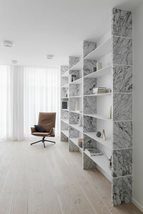 marble shelving unit | bookshelves | by TJIP Interior Design Minimalist, Marble Shelf, Marble Furniture, Decor Studio, Shelving Design, 아파트 인테리어, Design Minimalist, Minimalism Interior, Shelf Design