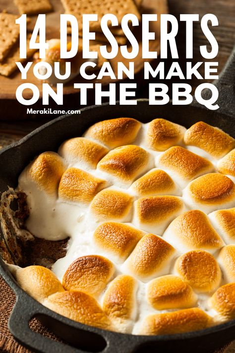 14 Easy and Delicious Summer BBQ Dessert Recipes | End your summer BBQ with one of these desserts made on the grill! Whether you're camping or throwing a party in the backyard, these mouthwatering treats are kid-approved and perfect for a crowd. From simple cast iron skillet brownies, to a fun s'mores grilled pizza, to the best foil pack chocolate marshmallows and banana treat, to classic summer fruit skewers, these summer desserts are fun, yummy, and perfect for backyard hangouts and camping! Smores Dessert On Grill, Desserts On Grill, Cast Iron Desserts On The Grill, S’mores On The Grill, Bbq Competition Desserts, Grilled Desserts Easy, Bbq Desserts Grill, Camping Desserts For A Crowd, Blackstone Dessert Ideas