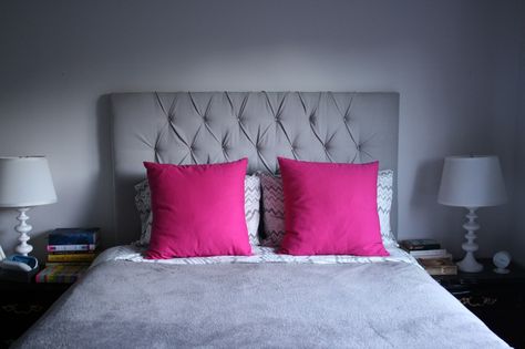 Pink Bed Pillows, Hot Pink Bed, Sectional Couch Layout, Bedroom Ideas Pink, Gray Twin Bed, Hot Pink Throw Pillows, Hot Pink Pillows, Pillows Bedroom, Pink Bed