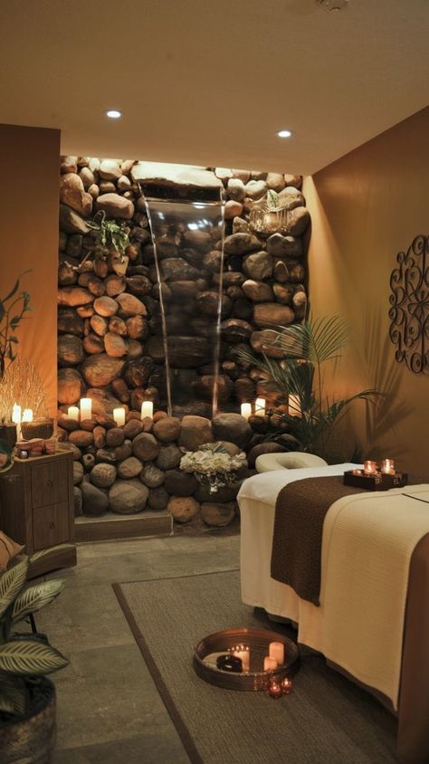 Spa Spaces Room Ideas, Massage Therapy Room Decor, Massage Room Lighting Ideas, At Home Massage Room, In Home Spa Room Ideas, Spa Massage Room Design, Massage Room Design Luxury, Luxury Spa Design Interiors, Massage Therapy Aesthetic