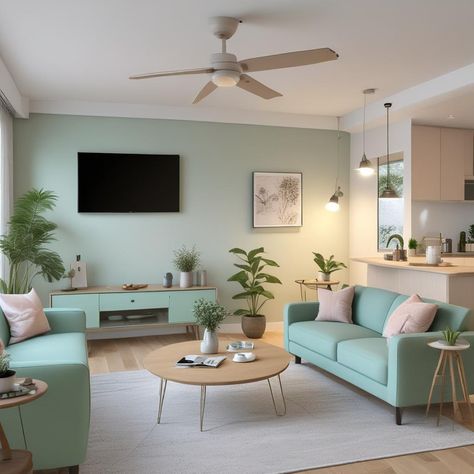 Mint Sofa Living Room, Mint Sofa, Mint Living Rooms, Modern Family Room, Sofa Wooden, Tv Setup, Mint Walls, Wooden Fan, Modern Family Rooms