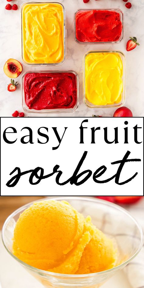 This Sorbet recipe is the ultimate guide to the PERFECT homemade sorbet made from only 2 ingredients! Learn how to make sorbet with fresh or frozen fruit, no ice cream maker required! Recipe from thebusybaker.ca! #sorbet #easysorbet #howtomakesorbet #2ingredientsorbet #homemadesorbet via @busybakerblog Homemade Sorbet Recipe Easy, Easy Sorbet 3 Ingredients, Homemade Fruit Sorbet, Homemade Sorbet Recipe Ice Cream Maker, Home Made Sorbet Recipes, Frozen Fruit Ice Cream Healthy, Frozen Fruits Recipe, How To Make Sorbet Homemade, Watermelon Sorbet Recipe Ice Cream Maker