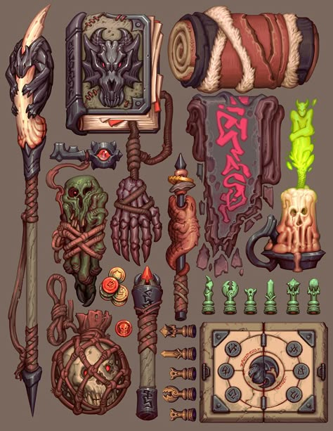 Fantasy Items Concept, Adventurers Inventory, Fantasy Items Art, Prop Artwork, Character Inventory, Rpg Game Design, Dnd Artwork, Inventory Art, Art Inventory