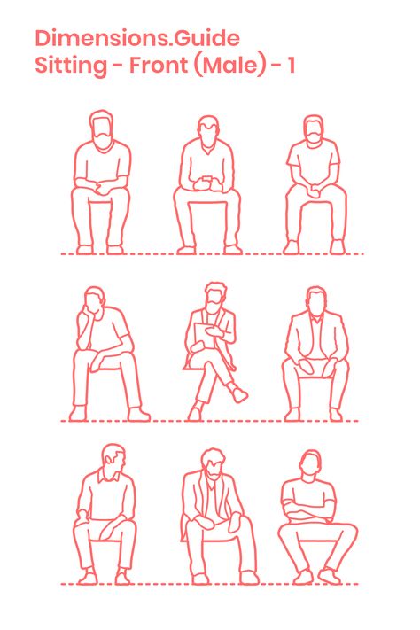 Collection of scaled drawings of men sitting as viewed from the front elevation. Illustrating various casual postures, these drawings of men can be used for adding human scale to drawings of chairs, benches, and surfaces. Drawings are set for high seats at 18” | 46 cm and low seats at 15” | 38 cm. Downloads online #people #humans #sitting #drawings Human Figure Sitting On Chair, People On A Bench Drawing, Man In Chair Drawing, People Sitting On Bench Drawing, Human Sitting Drawing, Sitting Down Front View Drawing, How To Draw People Sitting Down, Human Figure Sketches Sitting, Two People Sitting On A Bench Drawing