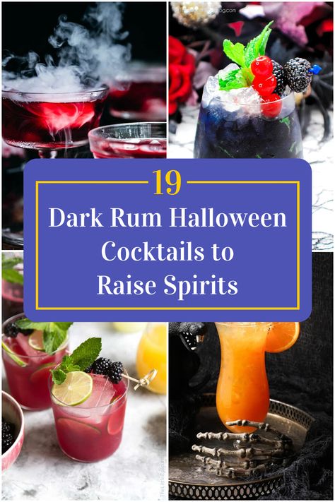 Collage of 4 dark rum halloween cocktails. Spiced Rum Halloween Drinks, Halloween Drinks With Rum, Rum Halloween Cocktails, Dark Rum Cocktail Recipes, Alcoholic Drinks Rum, Dark Rum Drinks, Rum Drinks Easy, Dark Rum Cocktails, Rum Mixed Drinks