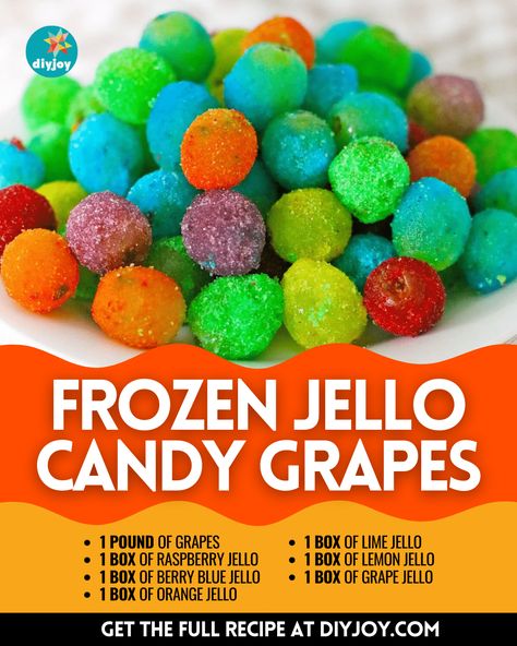 Easy Frozen Jello Candy Grapes Recipe Koolaid Recipes, Grape Jello Recipes, Frosted Grapes Recipe, Jello Candy Recipe, Frozen Grapes Recipe, Frozen Jello, Jello Candy, Candied Grapes Recipe, Homemade Jello