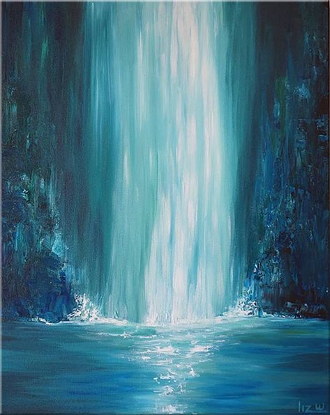 Muse Paintbar, Abstract Waterfall, Modern Waterfall, Blue Waterfall, Waterfall Painting, Plank Art, Waterfall Paintings, Waterfall Art, Chalk Pastel