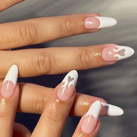 Heart Tip Nails, White Tip Acrylic Nails, Flame Nails, Oval Nails Designs, Flame Nail Art, Girls Nail Designs, White Tip Nails, Quick Nail, Heart Nail Designs