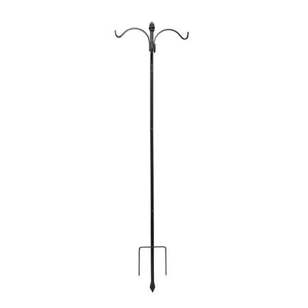 Enhance your yard or garden with hanging accents using this 84-in high 4- hook shepherd's hook. Sturdy steel with a black powder coated finish create this piece topped by a detailed, decorative finial, A trident base with 9" long legs easily stake into soil for added stability. Simple slide in assembly assembly on each section. The top two arched hooks will hold items up to 20-in diameter. The center stake holds the other two hooks with plenty of clearance. Sturdy steel construction and a black Plant Shelves Outdoor, Black Plant Stand, Indoor Plant Shelves, Bird Feeder Poles, Galvanized Planters, Garden Boxes Raised, Metal Raised Garden Beds, Corner Plant, Metal Planter Boxes