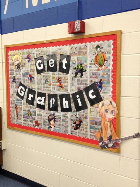 Graphic novel bulletin board Comic Bulletin Board, Graphic Novel Bulletin Boards, Graphic Novel Ideas, Graphic Novel Display, Bulletin Board Library, Book Bulletin Board, Read A Thon, Middle School Libraries, School Libraries