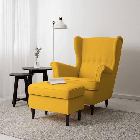 Deal Alert: 14 Ikea Pieces With New Lower Prices Ikea Yellow Chair, Yellow Chair Living Room, Mustard Living Room, Chair Ikea, Ikea Strandmon, Grey Walls Living Room, Gray Living Room Design, Wing Chairs, Outdoor Lounge Chair Cushions