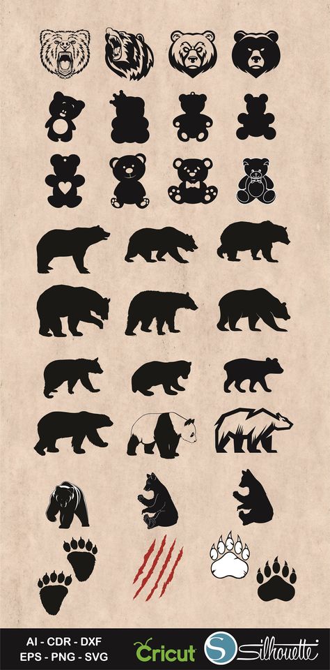 Bear Drawing Tattoo, Black Bear Tattoo, Grizzly Bear Tattoos, Bear Paw Tattoos, Teddy Bear Svg, Tattoo Silhouette, Hawk Wings, Mama Bear Svg, Bear Tattoo Designs