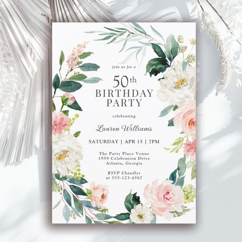 Feminine Blush Rose Floral 50th Birthday Party Invitation Birthday Party Decorations For Adults, 75th Birthday Parties, 60th Birthday Party Invitations, 30th Birthday Party Invitations, 40th Birthday Party Invites, 100th Birthday Party, 50th Birthday Party Invitations, 60th Birthday Invitations, 90's Birthday Party