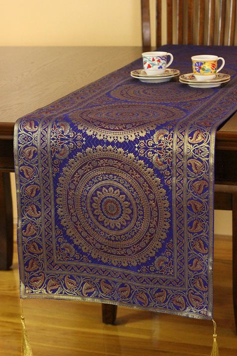 Exotic Oriental 70-inch By 16-inch Table Runner (King Blue) $39.99 USD Saree Reuse, Instagram Decor, Table Runner Diy, Earthy Home Decor, Earthy Home, Ethnic Decor, Cushion Cover Designs, Yoga At Home, Indian Home Decor