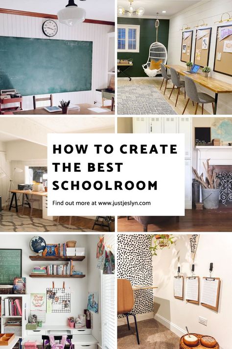 Homeschool Room Ideas from Homeschool Mommy Experts that will inspire your organized learning area for kids even in small space and on a budget! Ideas for home school desks, tables, storage and more! Ideas for preschool, kindergarten, elementary, older kids, teens, and more! #homeschoolroom #homschooling School Home Organization, Homeschool Room With Fireplace, Modern Homeschool Space, Homeschool Room Colors, Green Homeschool Room, Homeschool Bedroom Combo, Homeschool Desk Area, Homeschool Room Paint Ideas, Creating A Homeschool Space