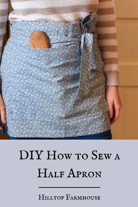 Learn how to sew an easy DIY half apron. The perfect match for any farmhouse kitchen! Sew Half Apron Free Pattern, Farm Apron Pattern Free, Diy Half Aprons Easy Free Pattern, Simple Half Apron Pattern Free, Kitchen Apron Pattern Tutorials, Half Apron Tutorial, Denim Apron Pattern, Free Half Apron Pattern, Half Apron Sewing Pattern