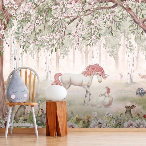 pink unicorn wallpaper mural in girls playroom Unicorn Mural, Unicorn Forest, Wallpaper Roller, Horse Wallpaper, Mystical Forest, Frozen Disney, Lighted Canvas, Forest Wallpaper, Smooth Walls