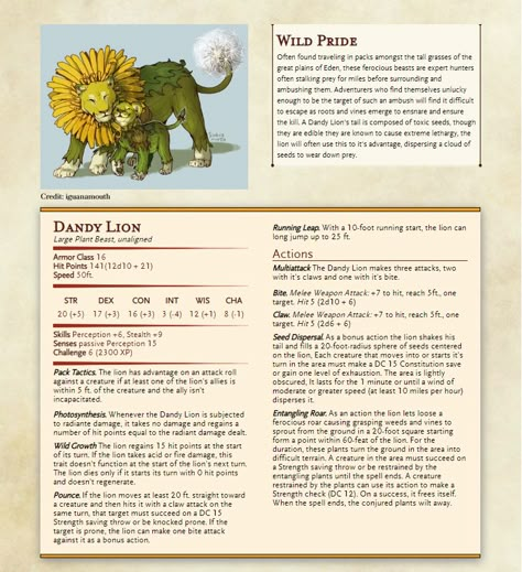 Dandy Lion, Dnd Stats, Dnd Character Sheet, Dungeon Master's Guide, Dnd Classes, Dnd Races, Dnd Funny, D D Monsters, Dnd 5e Homebrew