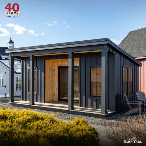 For a pool house, home studio, or an upscale hangout, turn to our new Modern Studio. Check out our recent blog post to learn more about the features of this sleek structure. #thebarnyard #thebarnyardstore #worldsbestsheds #barnyardsheds #modernstudio #modernshed #studioshed #studio #modern #poolhouse #homestudio #homeoffice #hangoutspot #shed #sheds #boardandbatten #classy Pine Accent Wall, Post And Beam Garage, Modern Shed Plans, Barn Pool House, Post And Beam Cabin, Board Batten Siding, Angled Roof, Pine Ceiling, Barn Pool