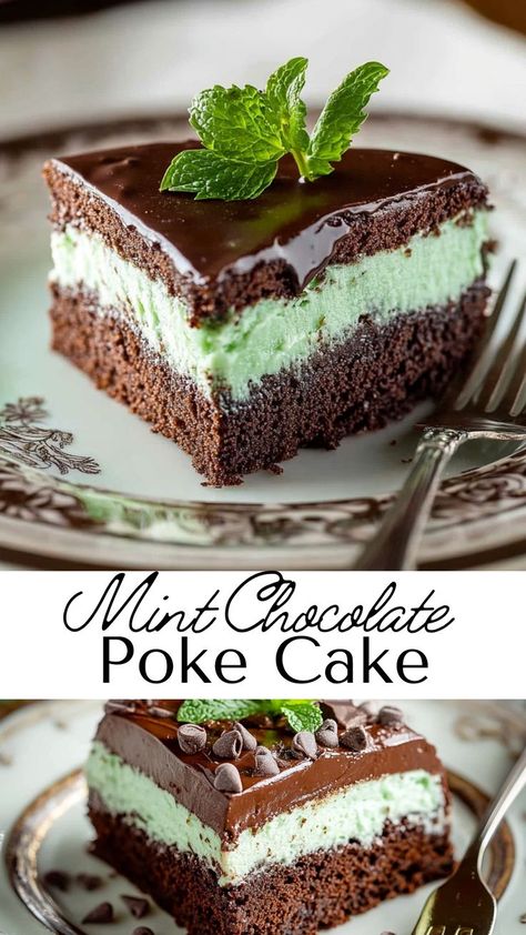 Make your holiday dessert spread complete with this Easy Mint Chocolate Poke Cake! With chocolate cake, mint cream, and chocolate drizzle, it’s a winter treat that’s simple to prepare. The cool mint adds a refreshing touch to rich chocolate, making it a standout for winter recipes and seasonal celebrations. Mint Poke Cake, Mint Chocolate Desserts, Mint Chocolate Cake, Poke Cake Recipe, Mint Cake, Chocolate Poke Cake, Dessert Spread, Chocolate Making, Poke Cake Recipes