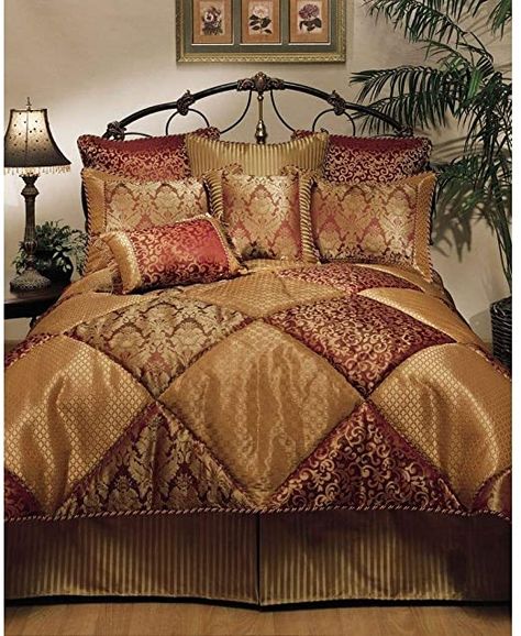 TRP 4 Piece Traditional Gold Jacquard Comforter King Cal Allover Bohemian Look Floral Geometric Patterns Burgundy Red Color Solid Back Striped Bed Skirt All Seasons Polyester Cozy Comfy Bedroom Decor Gold Comforter Set, Plum Bedding, Gold Comforter, Affordable Bedding, Luxury Bedding Sets, Queen Comforter Sets, Euro Shams, Bedding Stores, Queen Comforter