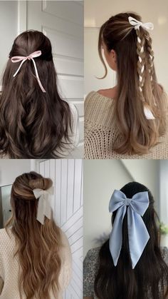 Cute Ribbons For Hair, Hair Do With Ribbon, Half Up Half Down Hairstyles With Ribbon, How To Put A Ribbon In Your Hair, Bows On Hair, Hairstyle Ideas With Ribbon, Hair Styles For Bows, Braided Ribbon In Hair, Bow Hair Ideas