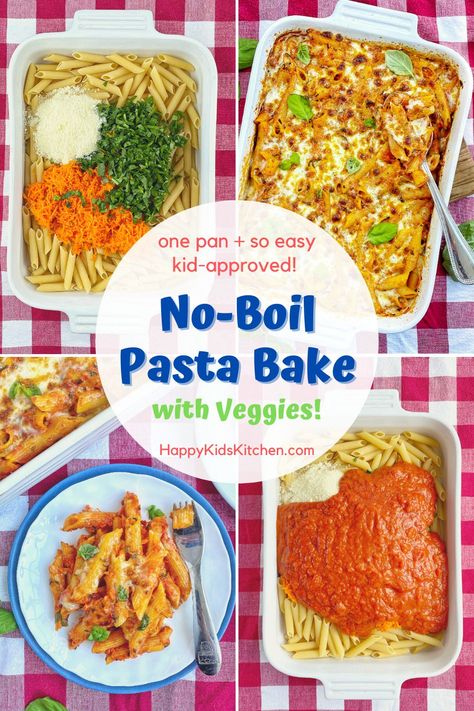 An easy, healthy dinner the whole family will love. No-Boil Pasta Bake is filled with veggies and made right in the baking dish. No extra pot to cook the pasta! #weeknightdinner #whatsfordinner #noboilpasta #pastadinner #bakedpasta #cookingwithkids Pasta Bakes Healthy, Pasta Bake No Cheese, Pasta Bake With Veggies, Pasta Cooked In Oven, Easy No Boil Pasta Bake, No Cook Pasta Bake, Pasta Kids Love, No Boil Baked Pasta, Pasta In The Oven