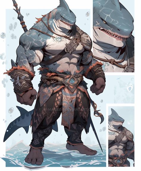 Shark Warrior Character Art, Shark Folk Dnd, Monster Shark Fantasy Art, Wereshark Dnd, Humanoid Shark Art, Hammerhead Character, Dnd Sharkfolk, Shark People Art, Shark Man Oc