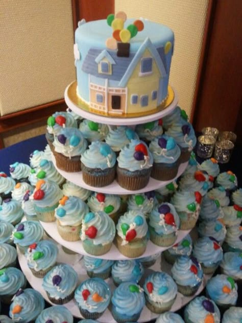 Up Cupcakes Pixar, Up Themed Dessert Table, Up Theme Cupcakes, Up Themed Desserts, Baby Shower Up Theme, Up Gender Reveal Theme, Up Themed Baby Shower Ideas, Up Baby Shower Theme Disney, Up Baby Shower Theme