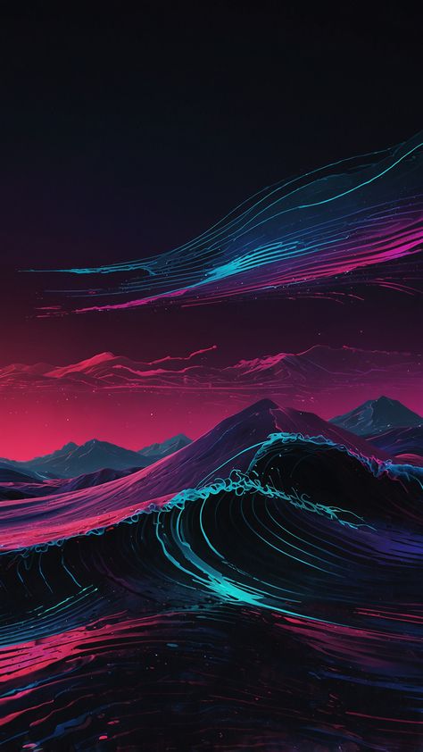 a synthwave art style wallpaper with a dark theme, incorporating abstract waves, futuristic elements, and a panning motion effect. Dark Theme Wallpaper, Motion Effect, Futuristic Elements, Synthwave Art, Theme Wallpaper, Style Wallpaper, Dark Theme, Abstract Waves, Stunning Wallpapers