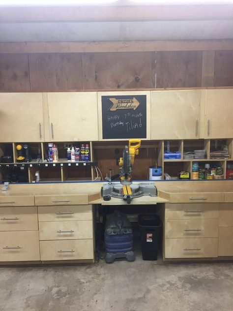 Miter Station - by MSG @ LumberJocks.com ~ woodworking community Diy Garage Workbench, Miter Station, Officine In Garage, Garage Woodshop, Workshop Cabinets, Garage Workshop Plans, Garage Workbench, Garage Workshop Organization, Workshop Layout