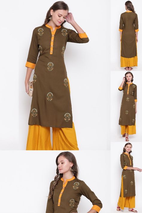 Top Color	Mehendi Green Bottom Color	Yellow Top Fabric	Rayon Bottom Fabric	Rayon Pattern	Embroidered Style	Straight Neck Style	Mandarin/chinese neck Sleeve Type	3/4 sleeve Length Type	Calf Length Length (In)	45 Occasion	party wear Customize	Readymade Set Contents	Kurti With Palazzo Set Care instruction	Dry Clean Only Time To dispatch	1-2 Days Color Neck Kurtis, Kurti With Palazzo, Straight Kurti, Palazzo Set, Green Bottom, Yellow Top, Top Fabric, Type 3, Yellow Color