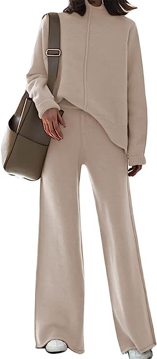 AOHITE Womens 2 Piece Outfit Set Long Sleeve Knit Pullover Sweater Top and Wide Leg Pants Sweatsuit Cashmere Lounge Set, Amazon Loungewear, High Neck Sweatshirt, Sweatsuit Set, Wide Leg Sweatpants, Loungewear Sets, Sweater Material, Pullover Sweater Women, Knit Pullover