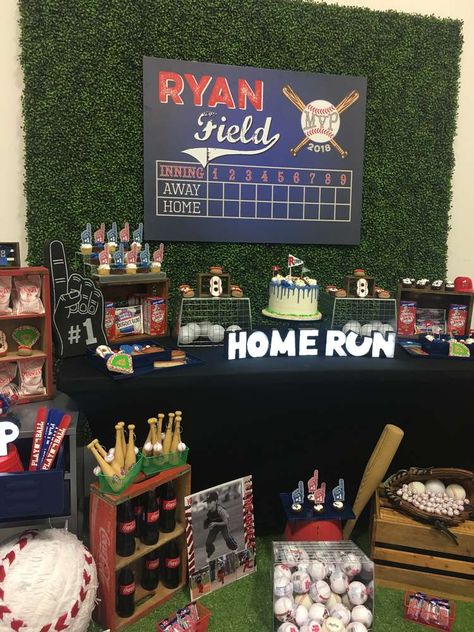 Ryan’s Hall of Fame | CatchMyParty.com Baseball Theme Birthday Party, Baseball Theme Birthday, Baseball Boy, Basketball Scoreboard, Birthday Party Idea, Jordan Basketball Shoes, Search Party, Baseball Birthday Party, 9th Birthday Parties