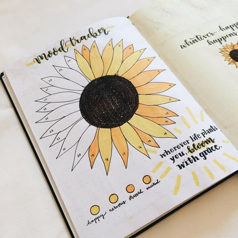 Sunflower Mood Tracker, Bullet Journal Mood Tracker, Journal Mood Tracker, Bullet Journal August, Bujo Themes, Creating A Bullet Journal, Bullet Journal Mood Tracker Ideas, Bullet Journal Paper, Bullet Journal Tracker