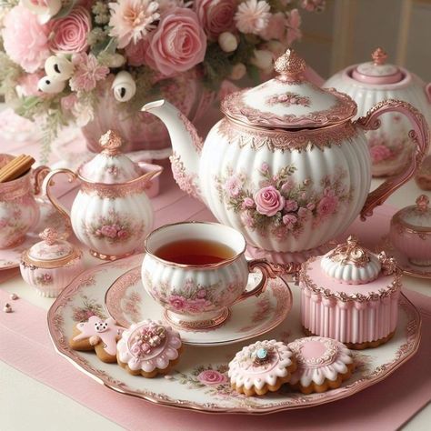 Pink Tea Set, Afternoon Tea Tables, Pink Tea Party, Pink Teapot, Idee Cricut, Royal Tea, Tea Party Theme, Pretty Tea Cups, Pretty Tea