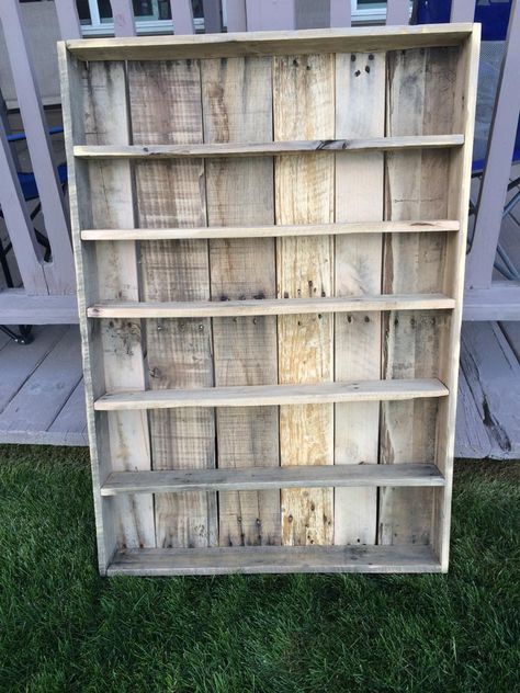 Pallets Shelves, Pallet Spice Rack, Wall Spice Rack, Shot Glass Holder, Diy Spice Rack, Weird Places, Pallet Shelves, Recycled Pallets, Spice Organization