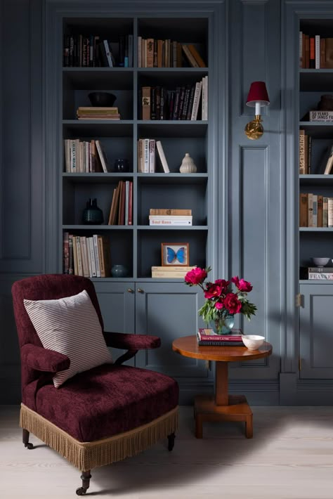 From Williamsburg to Westchester, White Arrow Crafts Eclectic, Expressive Interiors - 1stDibs Introspective Tiny Library Room, Colonial Revival Interior, Blue Library, Arrow Crafts, Walk In Closet Inspiration, Compton Verney, Blue Shelves, Soho Loft, The Local Project