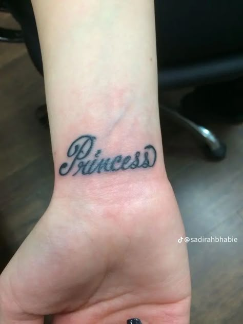 Princess Wrist Tattoo, Dainty Princess Tattoo, Princess Hand Tattoo, Princess Tattoo Writing, Small Tattoos Wrist, Princess Tattoo Ideas, Princess Tattoos, Princess Tattoo, Pretty Hand Tattoos