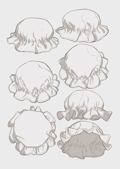 Frills Drawing Reference, Bonnet Reference Drawing, Shirt Ruffles Drawing Reference, Waving References Drawing, How To Draw Ruffles On Sleeves, How To Draw A Bonnet, Ruffle Sleeves Drawing, Drawing Frills, Puffy Skirt Drawing