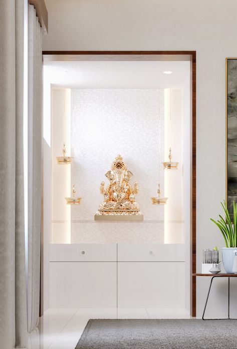 3D render.. White Pooja Room, Simple Pooja Unit, Simple Pooja Room Ideas, Simple Pooja Room, Small Pooja Unit, Puja Unit, Pooja Unit, Gallery Interior, Altar Design